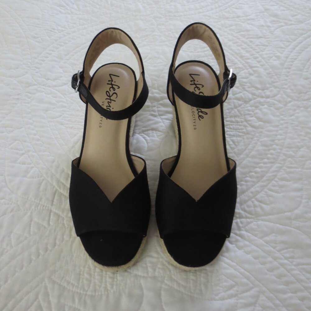 Black Peep-Toe Ankle Strap Espadrille Wedges Size 8.5